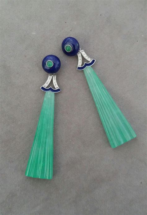 Art Deco Style Lapislazuli Jade Gold Diamond Emerald Blue Enamel Dangle