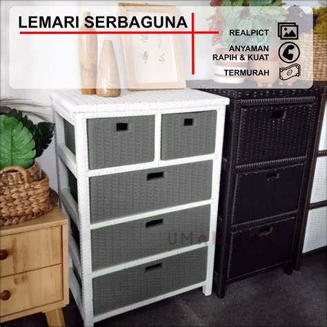 Jual Rak Lemari Rotan Sintetis 5 Laci Buffet Bufet Penyimpanan