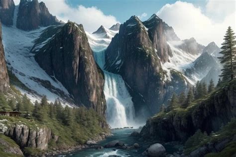 Premium AI Image | a waterfall in the mountains with snow and ice