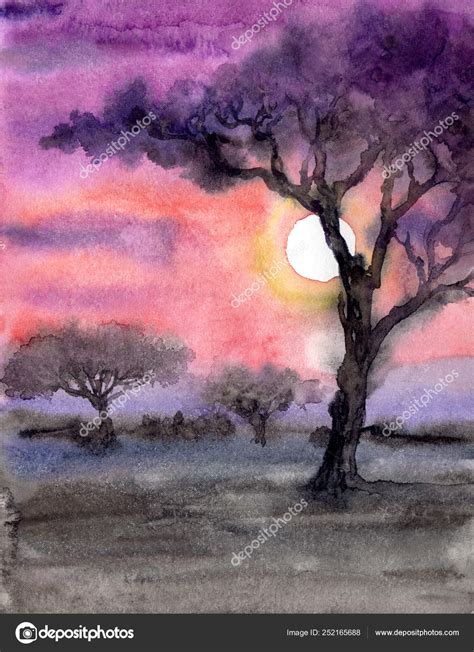 Landscape Savanna Sunset Watercolor Illustration Painting Poster Stock ...