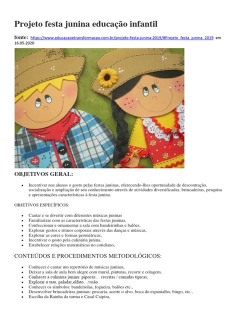 Projeto Junino Educação Infantil - Projeto Festa Junina na Educação Infantil | PDF | Pré-escola | Pedagogia