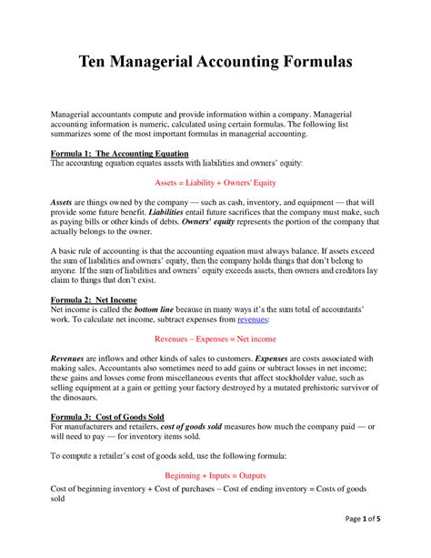 Managerial Accounting Formula Sheet Cheat Sheet Accounting Docsity