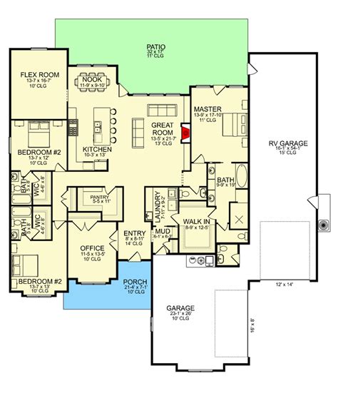 3 Bed New American Ranch Home Plan With Home Office And RV Garage