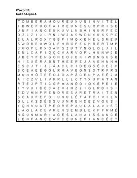 D accord 1 Unité 6 Leçon A Wordsearch by jer520 LLC TPT