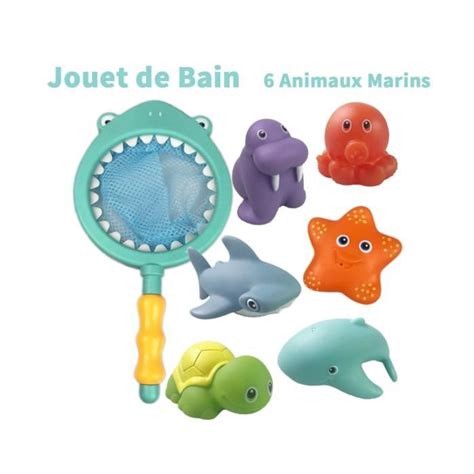 7pcs Jouet de Bain Animaux Marins Flottant en ABS Filet de Pêche en