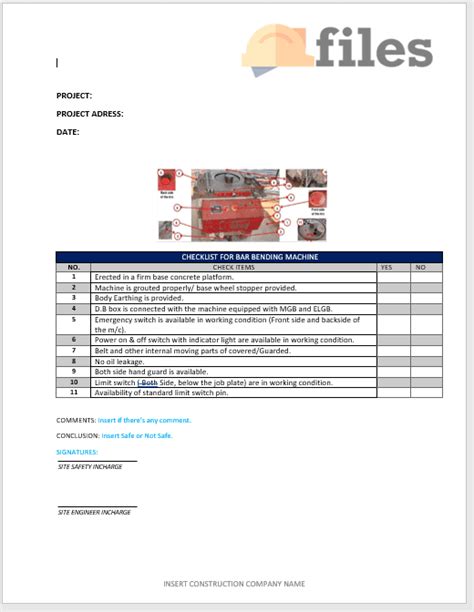 Equipment Safety Checklist Bar Bending Machine Construction Files