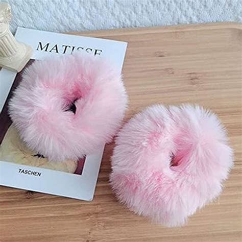 Amazon Mljsh 2 PCS Pink Pom Pom Hair Tie Fuzzy Furry Faux Rabbit