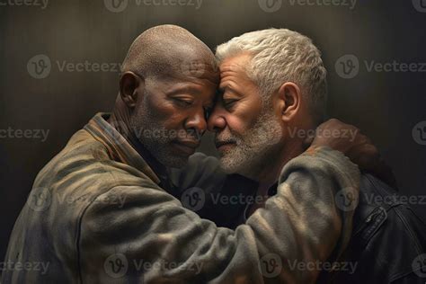 Two Happy Older Men Hugging Each Other One Black The Other Caucasian Gay Lgbt