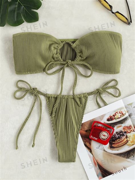 SHEIN Swim Summer Beach Ribbed Bikini Set Tie Front Bandeau Bra Thong 2 Piece Bathing Suit SHEIN
