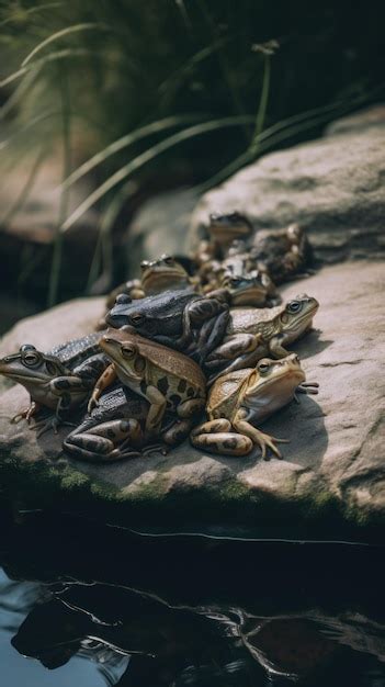 Premium Ai Image A Group Of Frogs Sitting On Top Of A Rock Generative