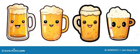 Mugs Of Beer With Smiling Faces Cartoon Vector Illustration Isolated