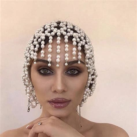 Handmade Hollowed Pearl Tassel Forehead Headpiece Bridal Head Chain For