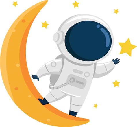 El Lindo Personaje De Dibujos Animados Astronauta De Pie En La Luna Y Saludando Vector Premium