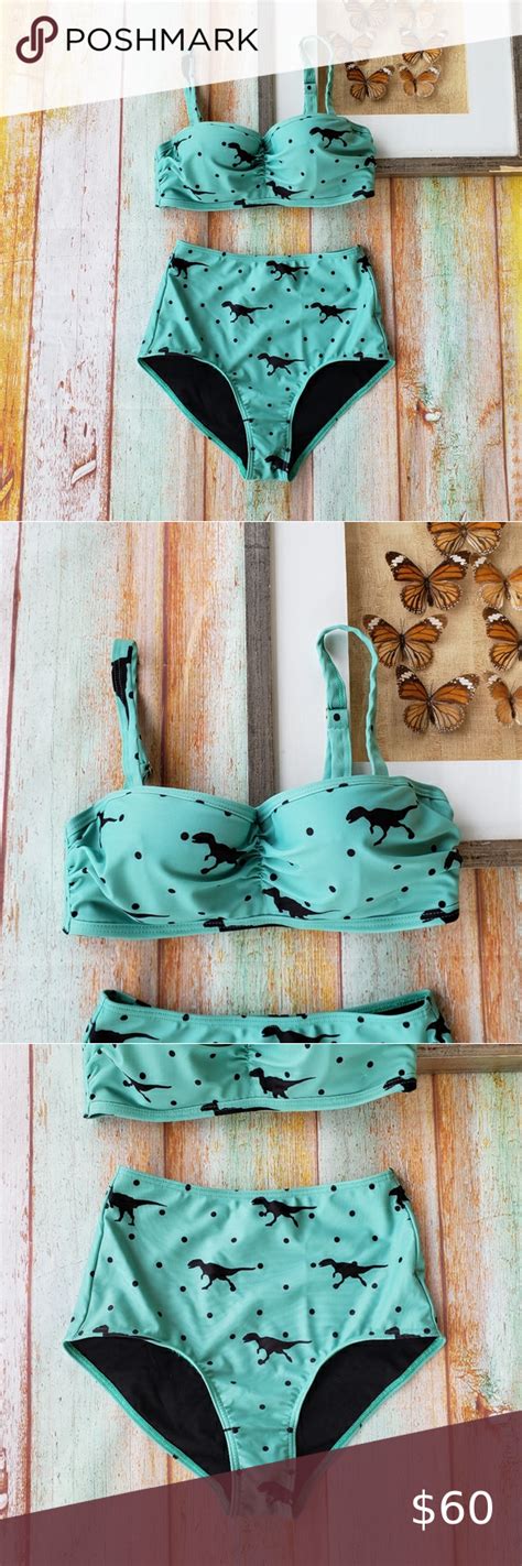 Modcloth Polka Dot Dinosaur High Waist Bikini S High Waisted Bikini