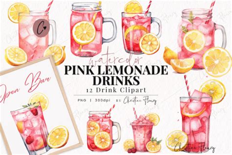 Watercolor Pink Lemonade Drinks Clipart Graphic By Christine Fleury