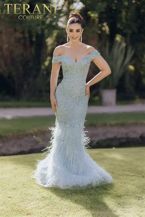 Mermaid Off-Shoulder Beaded Bodice Feathered Hem Long Dress - 232GL1478