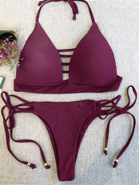 Plunge Bikini Top And Thong Bikini Bottoms Wine Red M Thong