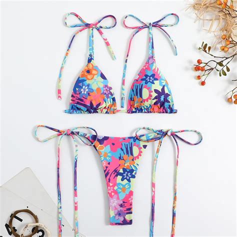 BUYISI Women Sexy Flower Print Bikini Set Swimwear Thong Bikini Beach Wear Bathing Suit Blue
