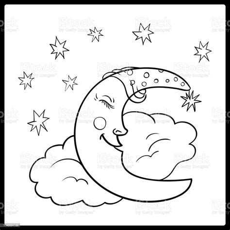 Moon A Graphical Outline Moon Sleeping On A Cloud With Stars In The Night Sky Stock Illustration