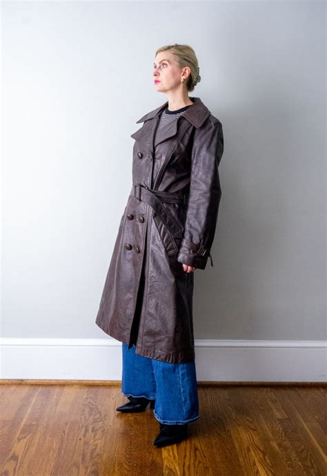 S Leather Trench Coat Vintage Dark Brown Leathe Gem