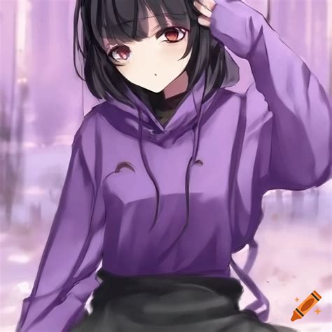 Female Anime Character Black Hair Pale Sleepy Purple Hoodie Black