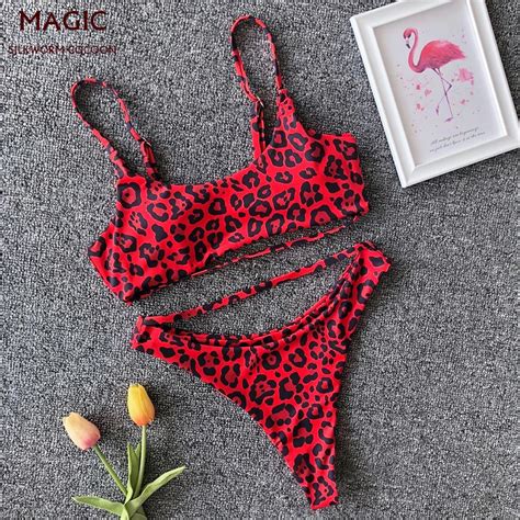 Sexy Red Green Leopard Bikinis Micro Bikini Set Push Up Thong Biquini