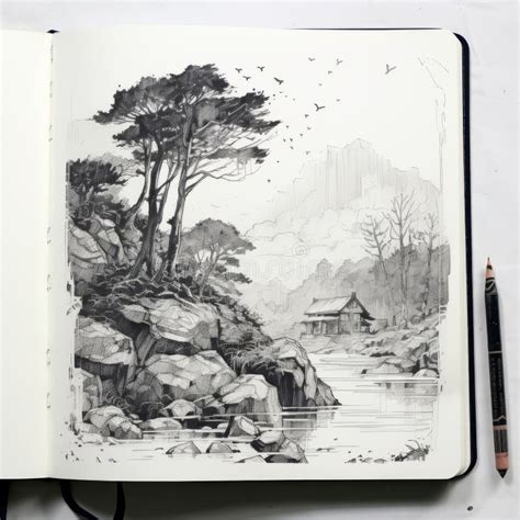 Mountain Sketches: Detailed Landscapes in Black and White Stock ...