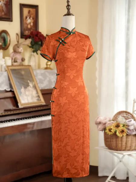 Vintage Kinesisk Stil Orange Trykning Te L Ngde Split Foran Cheongsam