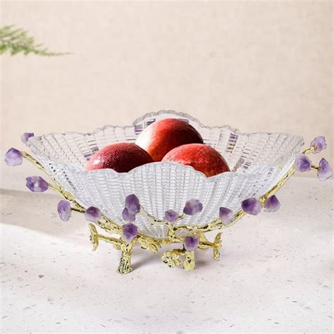 Glass Branch Fruit Bowl Basket Decor Serving Tray In Gold And Purple Homary