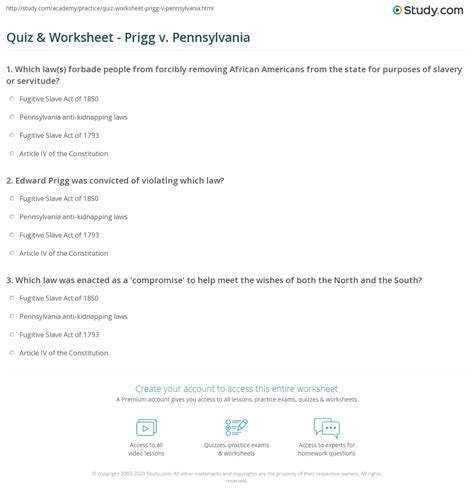 Quiz & Worksheet - Prigg v. Pennsylvania | Study.com