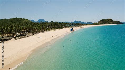 Drone view of Nacpan Beach, El Nido, Palawan, The Philippines Stock ...