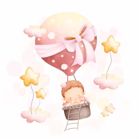 Premium Vector Watercolor Illustration Cute Baby Girl In Hot Air Balloon