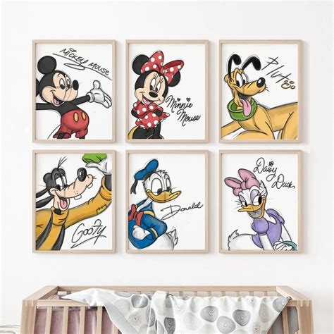 Mickey Mouse And Friends Art Print Set Of 6 Print In Color Sketched