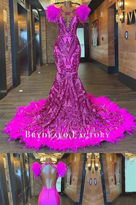 Open Back Hot Pink Sequin Feathered Long Train Prom Dress