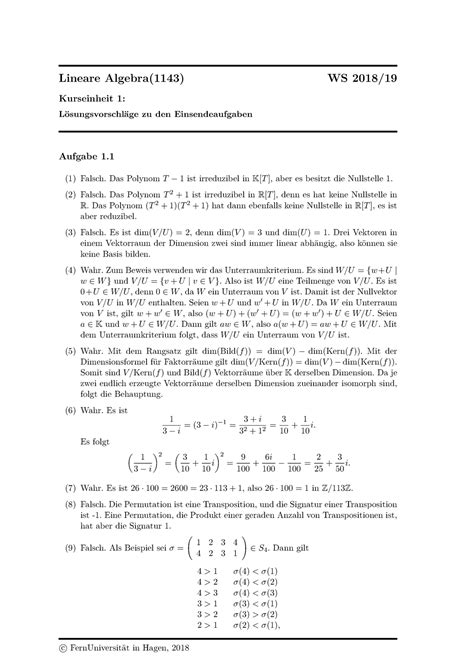 EA1 Loesung Lösungen zu den Übungsaufgaben zum Kurs Lineare Algebra