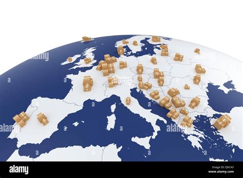 Cargo delivery transportation cardboard boxes on the Europe map ...