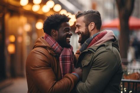 Retrato de um casal gay feliz abraçando se ao ar livre Conceito de Diversidade e LGBT Foto Premium