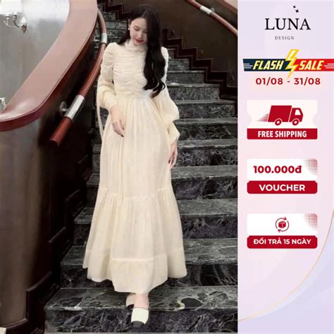 Đầm Hot Girl Thiết Kế Luna Design Dáng Maxi Chất Tơ Cổ Lọ Bèo Nhún Tay Bồng Đi Tiệc Hẹn Hò Dạo