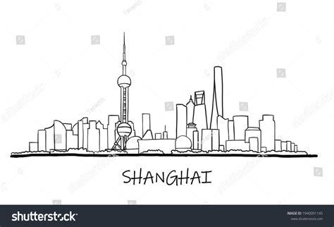 shanghai skyline freehand drawing sketch  stock vector royalty