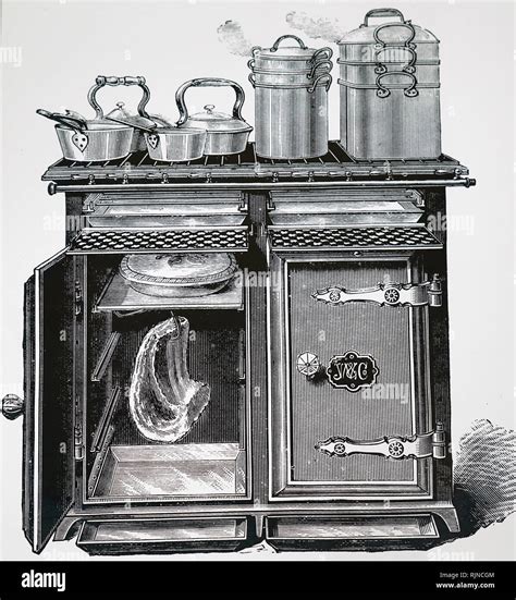 An Engraving Depicting A Small Domestic Gas Cooker Dated Th Century