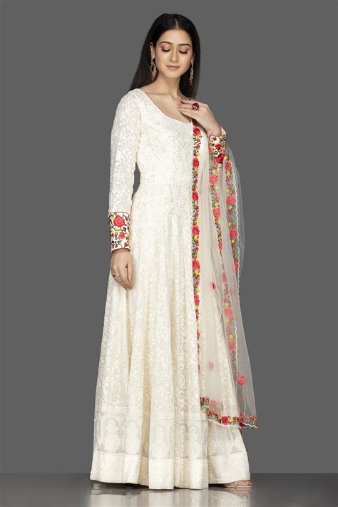 Shop Online Off White Georgette Lucknowi Anarkali Suit With Dupatta