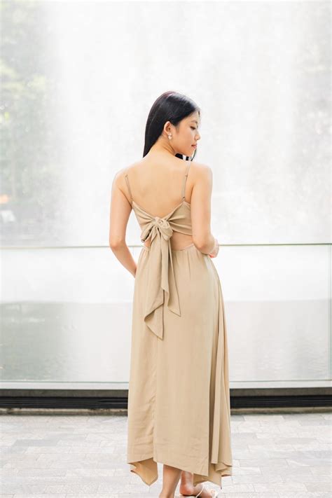 Kimberlyn Padded Tie Back Dress In Khaki | Wardrobe of Joy