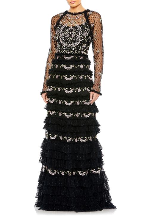 Mac Duggal Floral Embroidered Mesh Long Sleeve Column Gown In Black Lyst