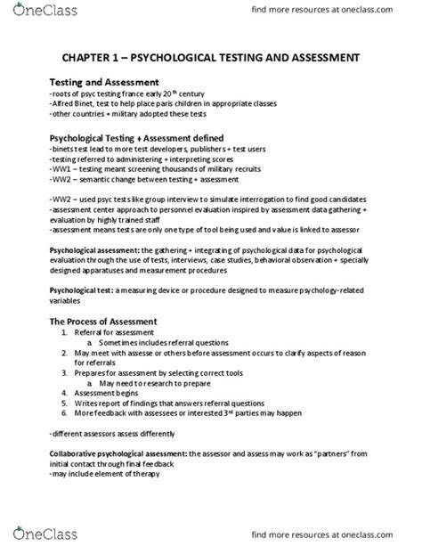 Cohen Based Summary Of Psychological Testing Assessment Compress OneClass