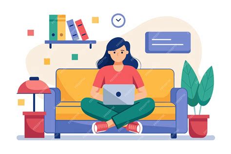 Premium Vector Woman Sitting On A Couch Engaged With A Laptop A Woman