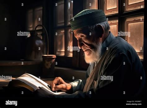 A Muslim Man Reads The Koran Al Quran Book At Night Near The Window