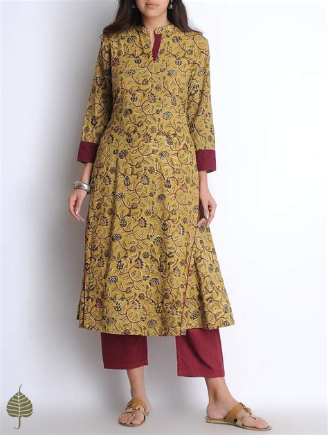 Buy Madder Yellow Maroon Olive Hand Woven Block Printed Kalamkari