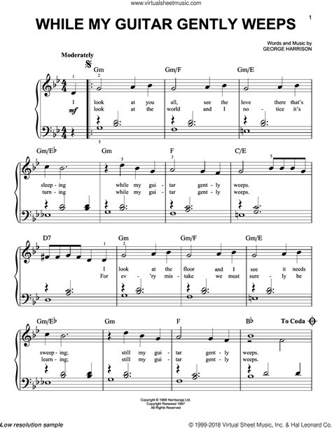 While My Guitar Gently Weeps Beginner Sheet Music For Piano Solo