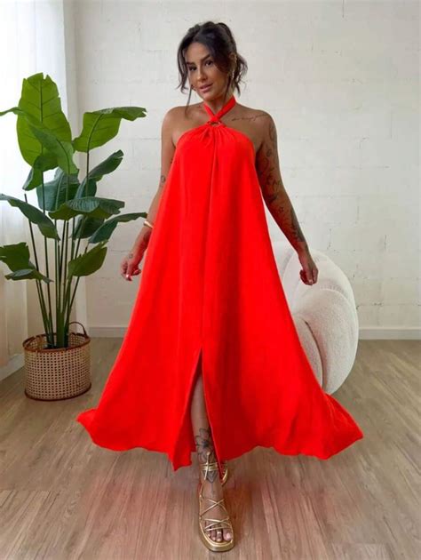 Vestido Amarrado No Pescoço - Vestido Longo Modelo Verão Amarração No Pescoço | SHEIN Brasil