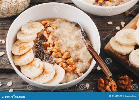 Healthy Breakfast Bowl Oatmeal With Banana Walnuts Chia Seeds And